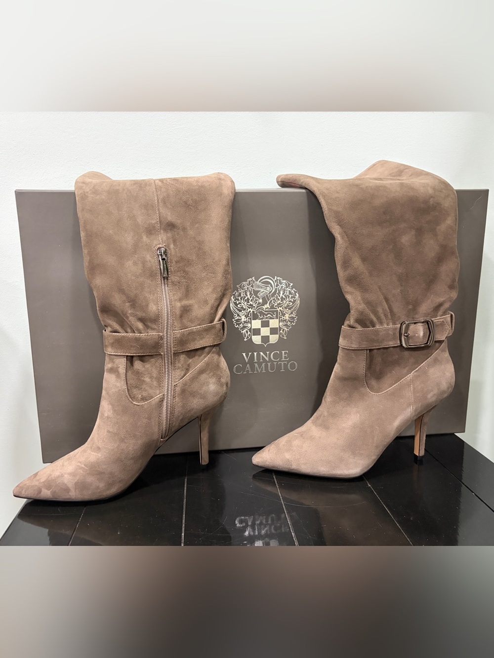 Vince Camuto Taupe Suede Pointed-Toe Mid-Calf Boots with Buckle